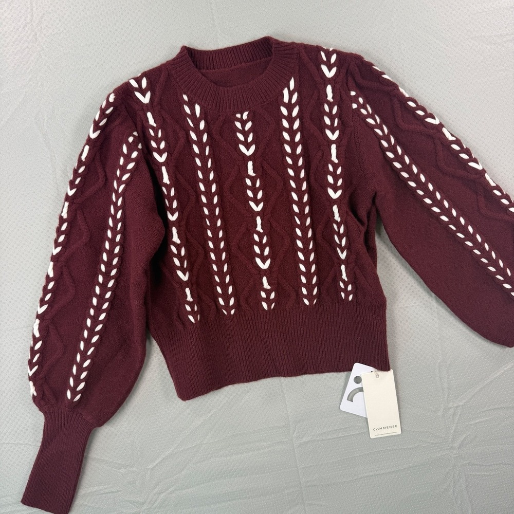 Commense Womens Cable Knit Sweater Maroon Burgundy White Stitch Puff Sleeve NWT